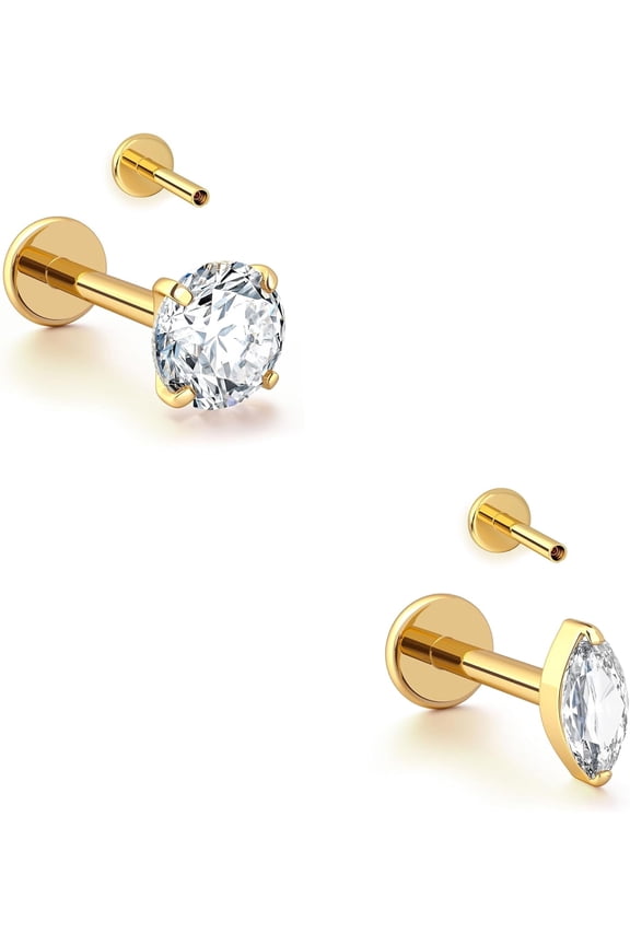 16G Gold Stud Earrings Flat Back - G23 Titanium Internal Thread Clear CZ Cartilage Earrings for Women