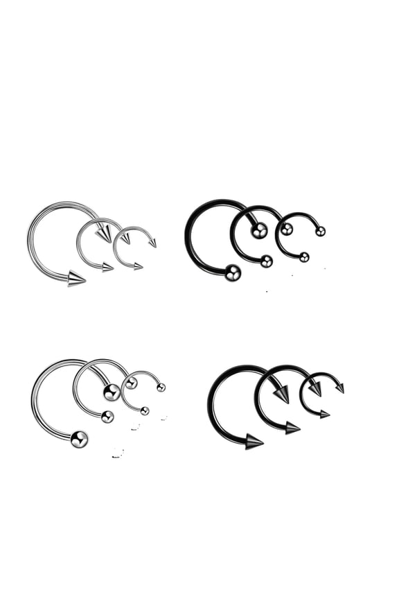 16G Horseshoe Nose and Septum Rings, 12-Piece Stainless Steel Circular Barbells, Ball and Spike Ends, Sizes 6mm 8mm 10mm, Black and Silver