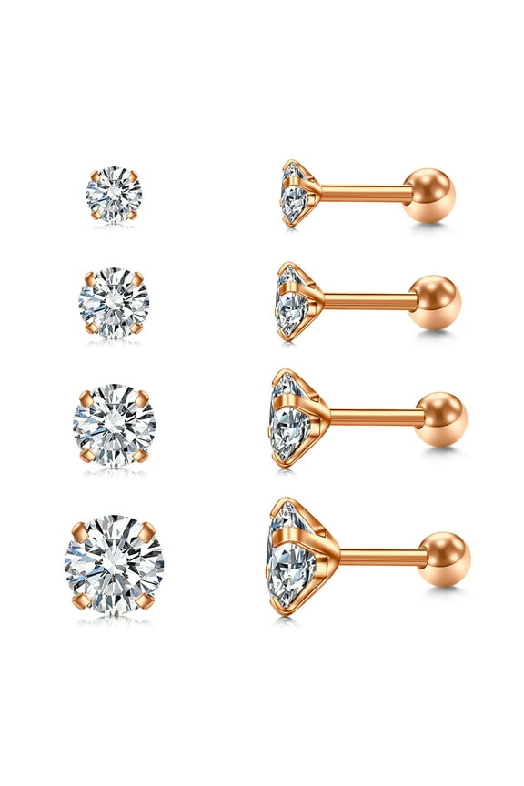 16G Hypoallergenic Earring Studs Cubic Zirconia Stud Earrings for Women Men Stainless Steel Post Back Ball Screw Cartilage Earrings 4 Pairs