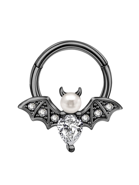 16G PVD Black Halloween Vampire Bat Hinged Segment Hoop Ring - Sold Individually