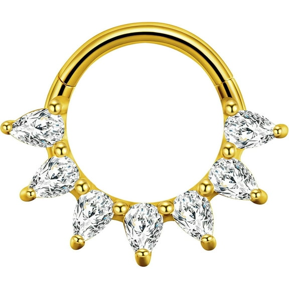 16G Pear Cut CZ Septum Ring Surgical Steel Piercing Jewelry Gemstone Hinged Segment Clicker Daith Earring, 16 Gauge Gold Plated Silver 8mm