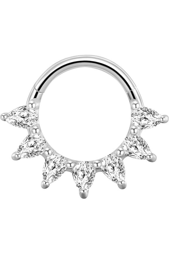 16G Pear Cut CZ Septum Ring Surgical Steel Piercing Jewelry Gemstone Hinged Segment Clicker Daith Earring, 16 Gauge Gold Plated Silver 8mm