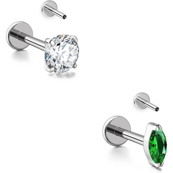 16G Silver Stud Earrings Flat Back - G23 Titanium Internal Thread Clear CZ Cartilage Earrings