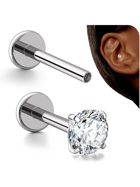 16G Stud Earrings Flat Back - G23 Titanium Internal Thread Cartilage Earrings for Women Hypoallergenic CZ Stud Piercing Jewelry Tragus/Nose/Helix/Conch/Medusa/Lip/Labret 6mm 8mm