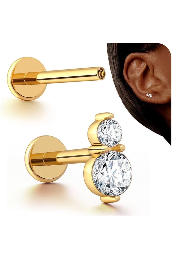 16G Stud Earrings Flat Back - G23 Titanium Internal Thread Cartilage Earrings for Women Hypoallergenic CZ Stud Piercing Jewelry Tragus/Nose/Helix/Conch/Medusa/Lip/Labret 6mm 8mm