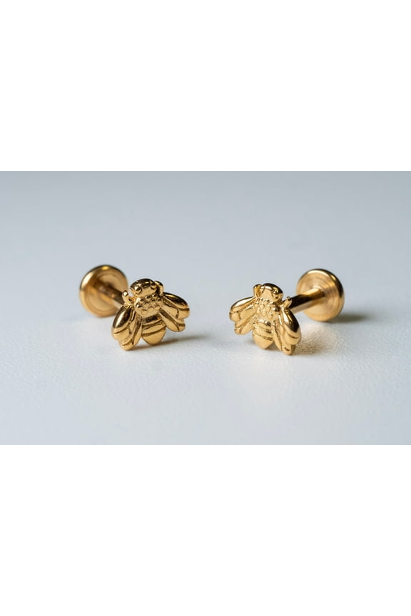 16G Surgical Steel Internally Threaded Flat Back Bee Labret Stud, Bee Cartilage Earring, Gold Silver Bee Earrings, Conch Stud, Tragus Stud, Flat Back Bee Cartilage Stud