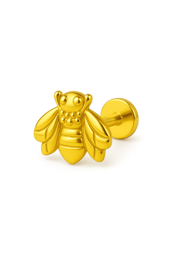 16G Surgical Steel Internally Threaded Flat Back Bee Labret Stud, Bee Cartilage Earring, Gold Silver Bee Earrings, Conch Stud, Tragus Stud, Flat Back Bee Cartilage Stud