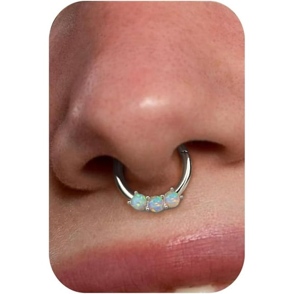 16G White Opal Septum Rings - 316L Surgical Steel Nose Rings Hoops Clicker Septum Jewelry Nose Piercings Helix Tragus Rook Daith Earrings for Women Men Silver/Gold 8mm