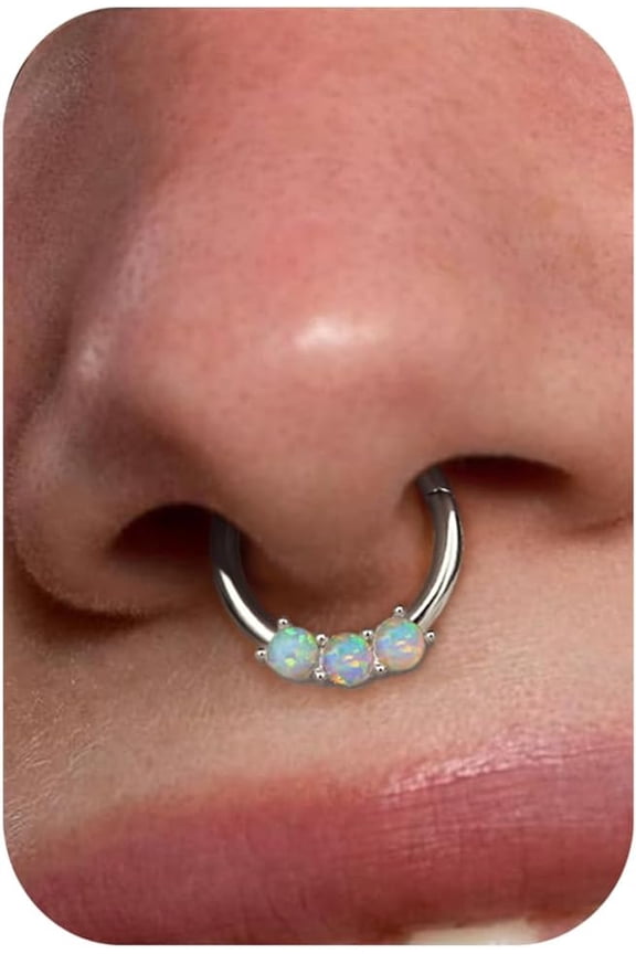 16G White Opal Septum Rings - 316L Surgical Steel Nose Rings Hoops Clicker Septum Jewelry Nose Piercings Helix Tragus Rook Daith Earrings for Women Men Silver/Gold 8mm