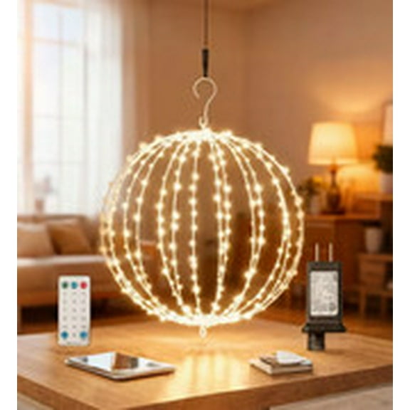 16INCH Outdoor/Indoor LED Christmas Light Ball,Foldable Metal Sphere Lights, Connectable Waterproof 16 Modes with Timer, Hanging Tree Globe Lights for Holiday Christmas Decorations (Warm+White)