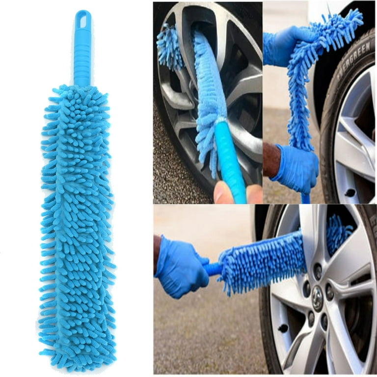 Kadell 16inch Car Wash Brush Washer Bendable Car Wheel Brush Flexible Microfiber Noodle Chenille Wheel Cleaner Clear Dirt, Blue