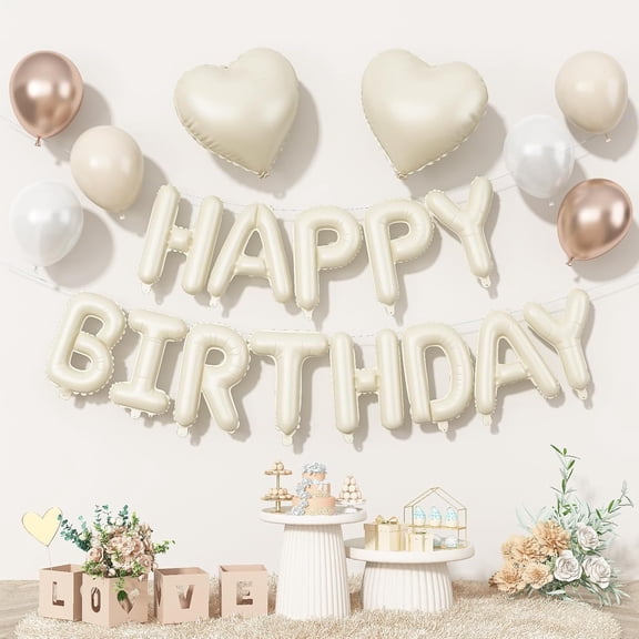 16Inch Cream Happy Birthday Balloon Banner - Beige Mylar Letter Heart Foil Boho Neutral Balloons for All Ages Birthday Decor