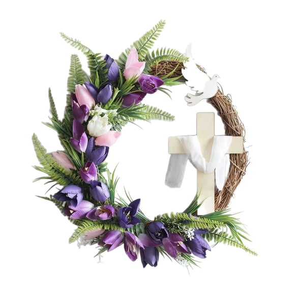 16Inch Easter Cross Wreath for Front Door - Purple Tulip and White Dove Spring Decor with Grapevine Base, Meaningful Easter Decorations for Home, Ideal Spring Home Decor and Easter Door Decorations
