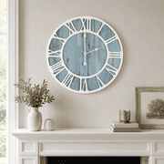Mee 2ou 16"Large Wall Clock,Silent Non Ticking,Battery Operated,Blue Rustic,Modern Wood Oversized for Bedroom,Living Room,Farmhouse Dector-Roman Numerals