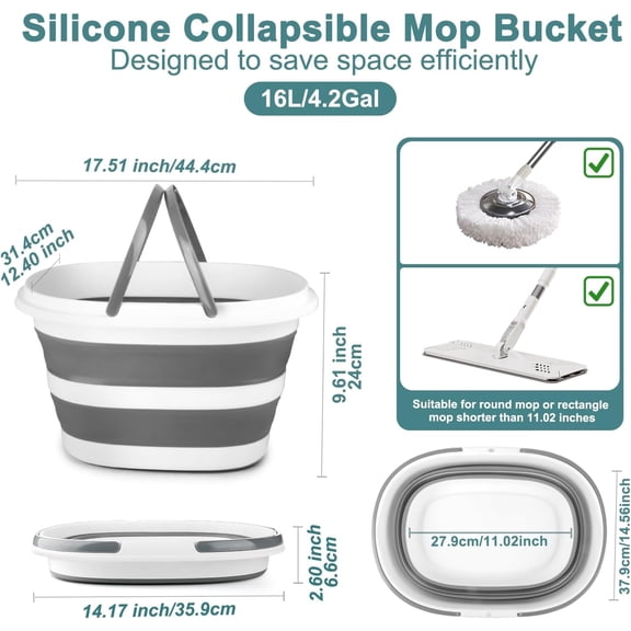 16L Collapsible Mop Bucket with Handle for Cleaning - Silicone Square Mopping Bucket for Car Wash & Window Cleaning
