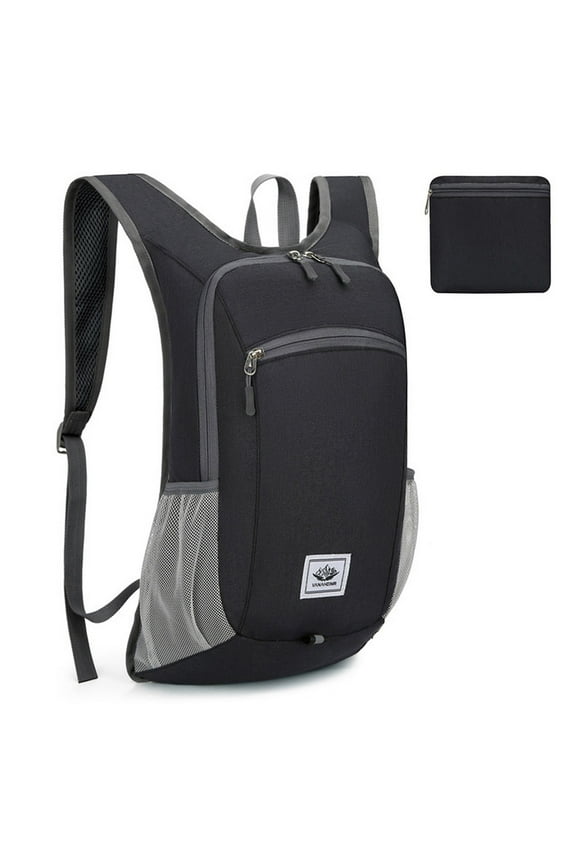 16L Foldable Lightweight Backpack - Rip-Stop Water-Resistant Travel Daypack for Hiking, Cycling & Camping - Compact Packable Backpack with Reflective Stripe - Black