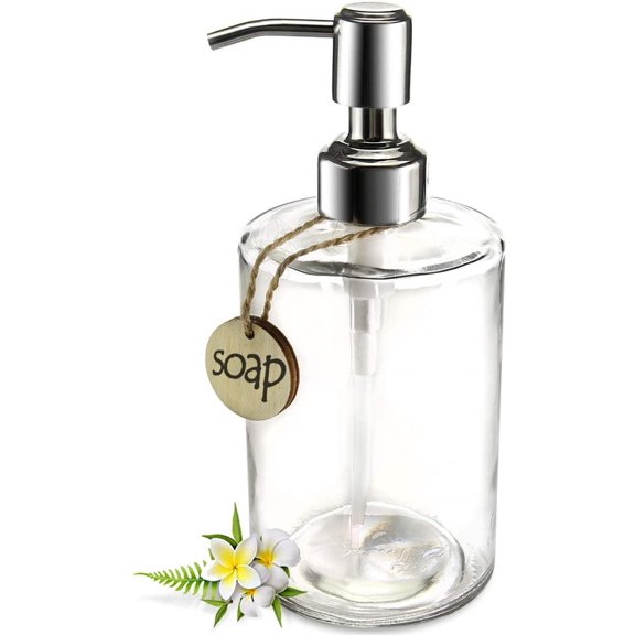 16OZ Cylinder Glass Soap Dispenser with Rust Proof Stainless Steel Pump, Refillable Bathroom Soap Dispenser for Hand Soap, Dish Soap, Liquid Soaps and Kitchen (Clear)