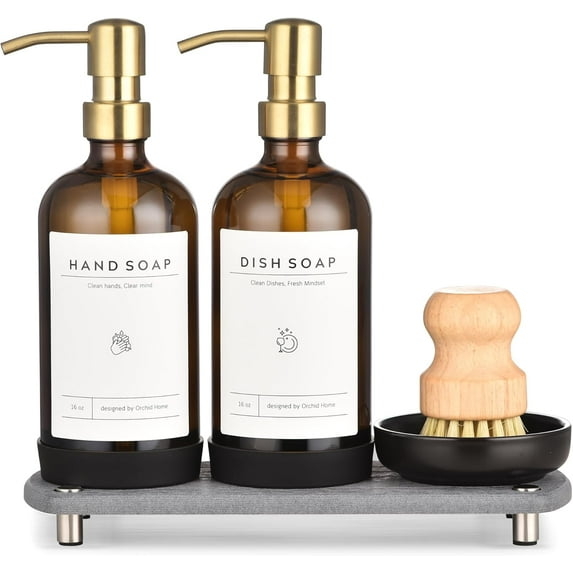 16OZ Luxury Kitchen Soap Dispenser Set Amber Glass Bottle Stainless Steel Pump for Kitchen and Bathroom
