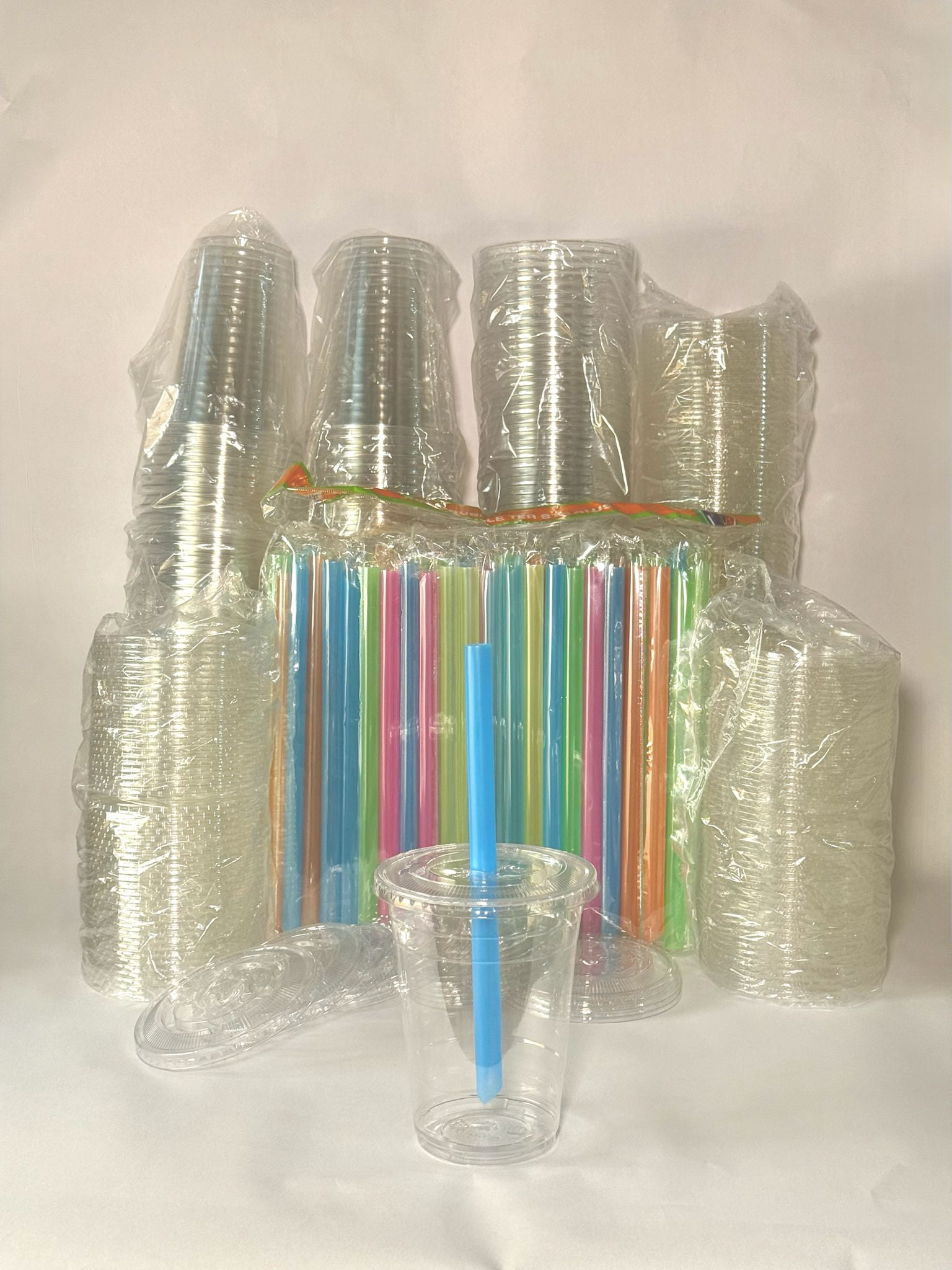 16OZ PET Plastic Cold Clear Cups with Flat Lids and Straws for Bubble ...