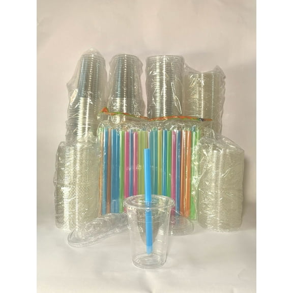 16OZ PET Plastic Cold Clear Cups with Flat Lids and Straws for Bubble Tea/Smoothie/Milkshake/Slushie, Recyclable & Disposable - 200CT