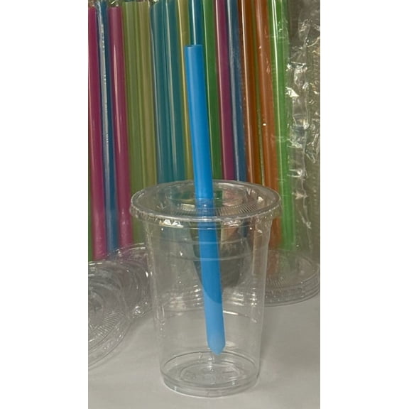 16OZ PET Plastic Cold Clear Cups with Flat Lids and Straws for Bubble Tea/Smoothie/Milkshake/Slushie, Recyclable & Disposable - 25CT