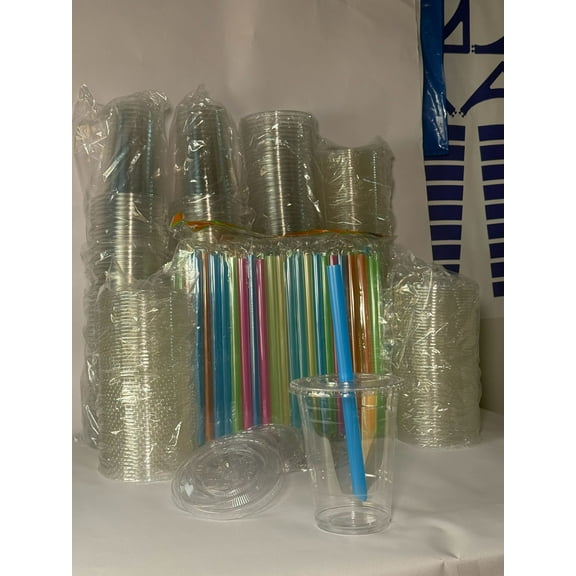 16OZ PET Plastic Cold Clear Cups with Flat Lids and Straws for Bubble Tea/Smoothie/Milkshake/Slushie, Recyclable & Disposable - 50CT