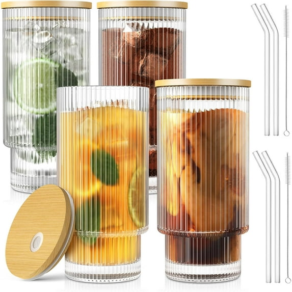 16OZ Ribbed Glass Cups with Lids and Straws 4 Set, Vintage Glassware for Whiskey Cocktail Beer, Iced Coffee Cups with Lid, Glass Tumbler with Straw and Lid (4 PACK)
