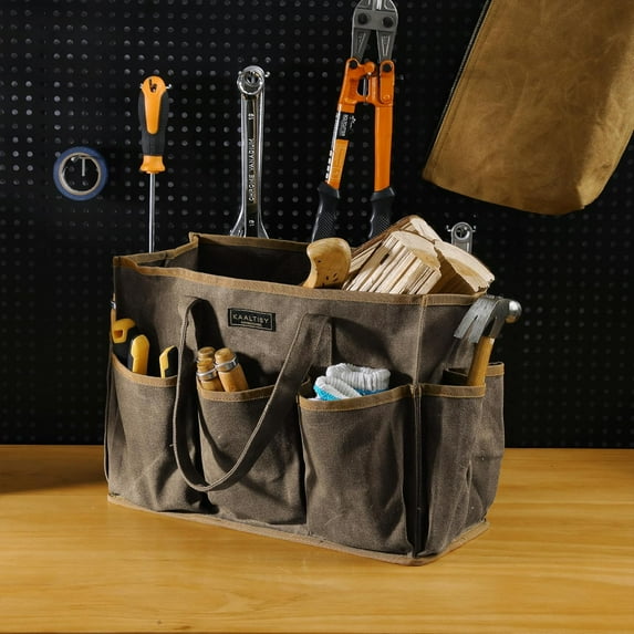 16OZ Waxed Canvas Tool Tote Bag with 11 Pockets - Garden Tool Storage Organizer