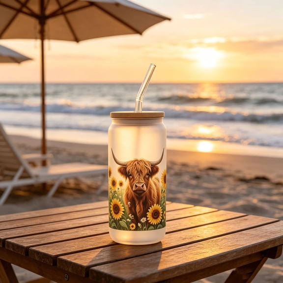 16Oz Frosted Glass Cups with Highland Cattle Pattern and Straw, Heat-Resistant Large Capacity Drinking Mugs, Practical Tableware for Home Use and Holiday Gift Selection, Colorful