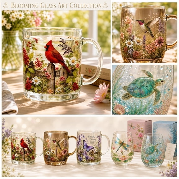 16Oz Glass Coffee Mug Hummingbird & Wildflower Floral Design Clear Glass Tea Cup for Latte Coffee Tea Hot Beverages Decorative Glass Mug for Home Kitchen 1 Pack