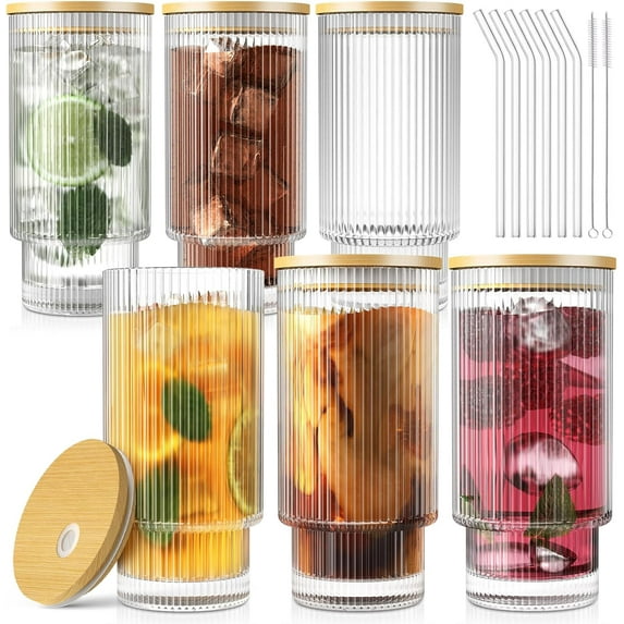 16Oz Glass Cups, 6Set Glass Tumbler with Straw and Lid, Vintage Glassware for Whiskey Cocktail Beer, Iced Coffee Cups with Lid (6 PACK)