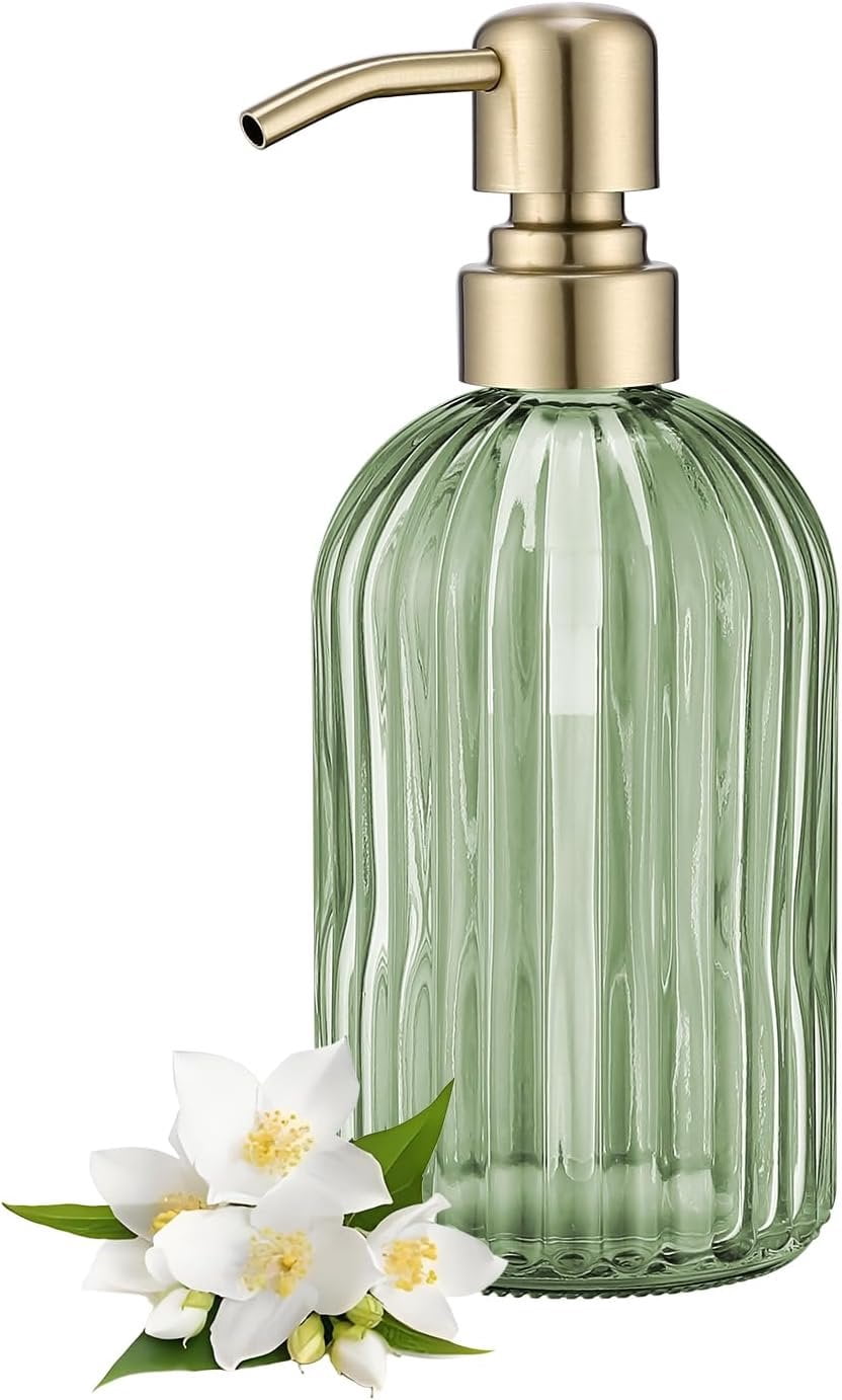 16Oz Green Glass Soap Dispenser with Rust Proof Stainless Steel Pump, Green Stripe Bathroom Hand Dish Lotion Dispensers with Brushed  Pump,Brushed  Glass Soap Dispenser