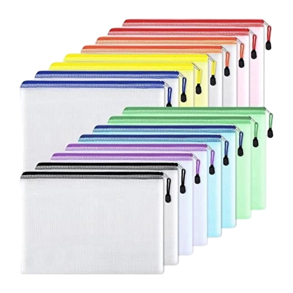 16PC A4 Mesh Zipper Pouch Bag, 13.1×9.3inch, Waterproof Clear Plastic Document Organizer, Zip Closure Storage Pouch With Pull Tab, Durable Grid File Bag for Office Docs, Travel Organizer Mesh Pouch