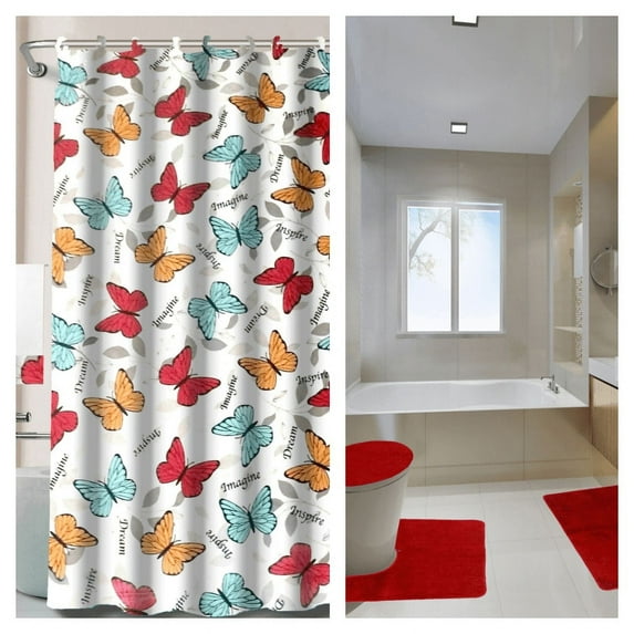16PC BATHROOM SET BUTFLY #2 RED DESIGN WASHABLE NON SLIP INCLUDES 1X BATH RUG 19" X 30"+1X CONTOUR MAT 17" X 17"+1X LID COVER 19" X 19"+1X SHOWER CURTAIN 70" X 70"+12X SET FABRIC COVERED HOOKS