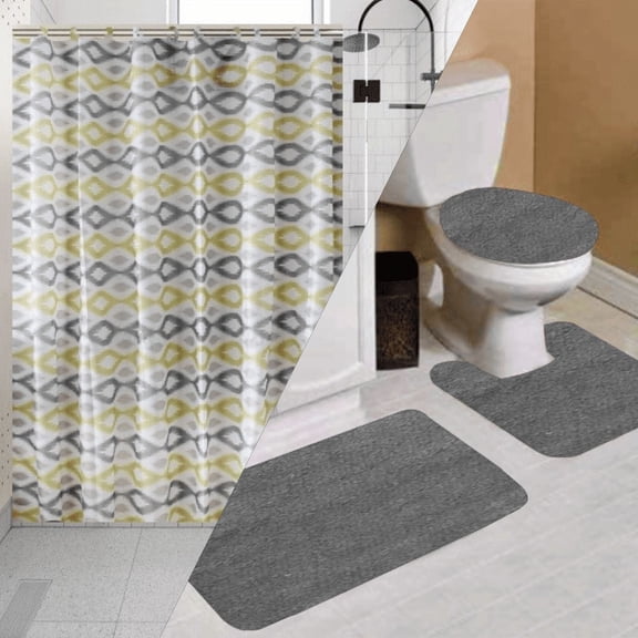 16PC BATHROOM SET HINATA CHARCOAL DESIGN WASHABLE NON SLIP INCLUDES 1X BATH RUG 19" X 30"+1X CONTOUR MAT 17" X 17"+1X LID COVER 19" X 19"+1X SHOWER CURTAIN 70" X 70"+12X SET FABRIC COVERED HOOKS