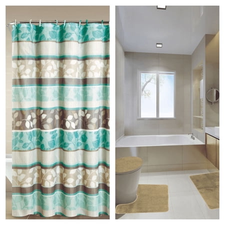 16PC BATHROOM SET ZEN TAUPE DESIGN WASHABLE NON SLIP INCLUDES 1X BATH RUG 19" X 30"+1X CONTOUR MAT 17" X 17"+1X LID COVER 19" X 19"+1X SHOWER CURTAIN 70" X 70"+12X SET FABRIC COVERED HOOKS