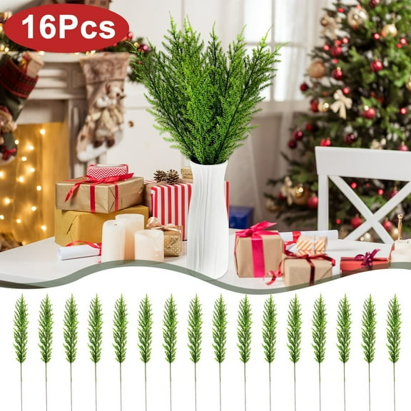 16PC Christmas Greenery Stems - 14.5in Realistic Cedar/Pine Picks for Wreaths & Vases (All-Weather)