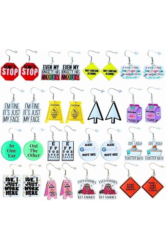 16PC Funny Earrings Fun Crazy Cute Silly Odd Weird Nerdy Wacky Funky Quirky Sarcastic Hilarious Sayings Quotes Dangle Earring Novelty Unique Trendy Gifts for Women Office Coworker Work