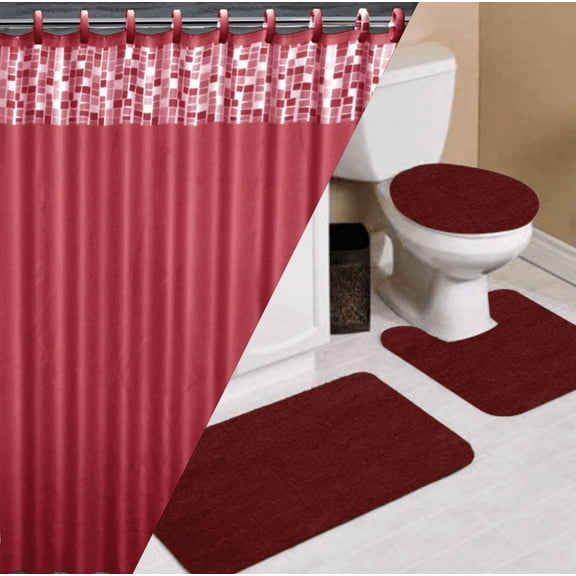 16PC Mosaic Burgundy complete bathroom mat shower curtain hooks set modern new design home decor