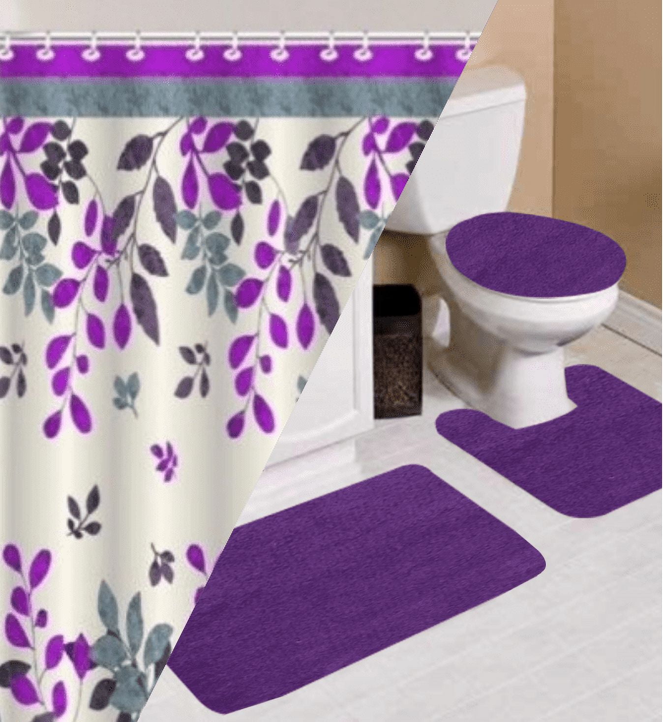 16PC Purple complete bathroom mat shower curtain hooks set modern new