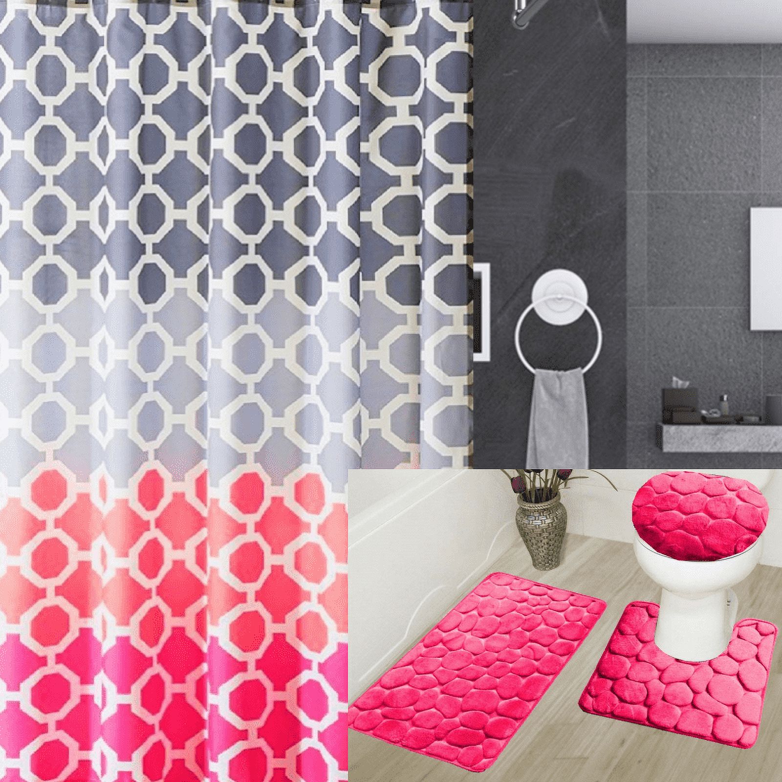 16PC ROCK HAJAR HOT PINK BATHROOM SET WITH PRINTED SHOWER CURTAIN HOOKS ...
