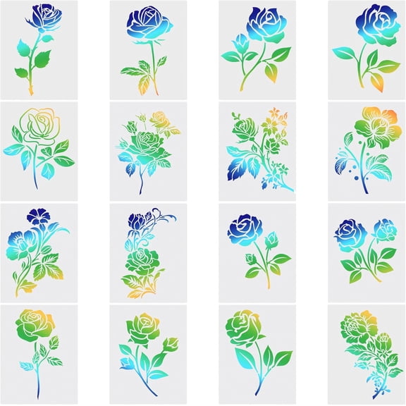 16PCS 16 Styles 7.8 x 5.8 Rose Stencils Flower Drawing Stencil Large Floral Painting Stencils Reusable Plastic Art Templates Flowers Crafts Stencil for Painting on Wood Wall Canvas colorful DIY