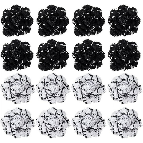 16PCS 2 Colors Camellia Fabric Flower Dimensional Fabric Flowers Fabric Flowers Patches 3D Nylon Flower Black and White Flower Patches for Clothes Crafts Decoration 1set
