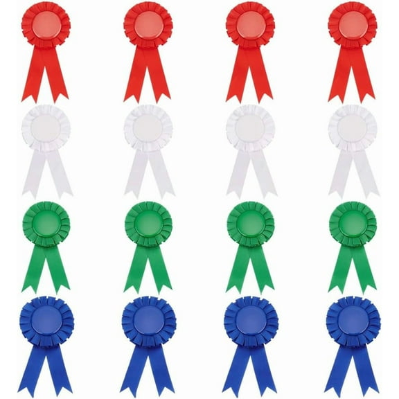 16PCS 4 Colors Ribbon Award Medals Rosette Ribbon Blank Award Ribbon Badge Blue Red and White Prize Ribbons Honorable Recognition Ribbons for Competition Sport Event School Contest