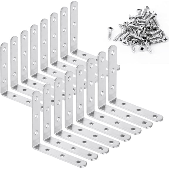 16PCS 4x4 Inch Stainless Steel L Bracket for Shelves, 90 Degree Joint Right Angle Bracket, Heavy Duty Corner Braces with Screws for Wood, Furniture, Brushed Nickel