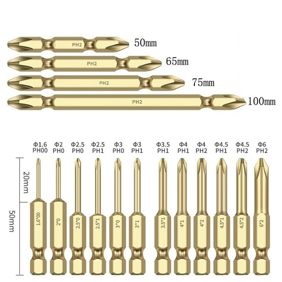 16PCS 50mm 1/4 Hex Shank Screwdriver Bit Electric Impact Drill PH00 PH0 PH1 PH2