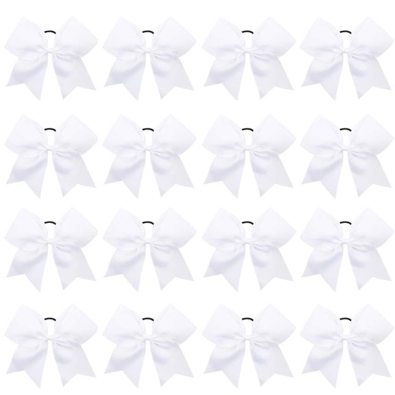 16PCS 8" Large Cheer Hair Bows Ponytail Holder Elastic Band Handmade for Cheerleading Teen Girls College Sports (White, 1 Count (Pack of 16))