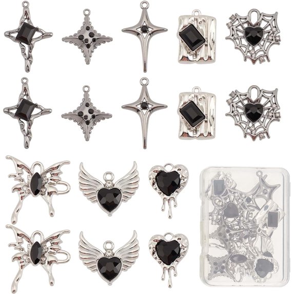 16PCS 8 Style Black Gothic Charms Rhinestone Charm Bulk Halloween Heart Butterfly Wings Star Spider Web Alloy Glass Charms for jewelery Making Charms DIY Craft Halloween Party Gift Supplies