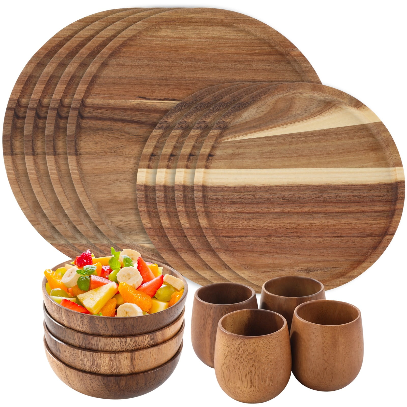 16PCS Acacia Wood Dinnerware Set, Includes 4PCS 9.8" Round Plates, 4PCS 7.9" Round Plates, 4 Solid Wood Bowls, and 4 Tea Cups, Perfect for Meals, Snacks & Desserts - Walmart.com