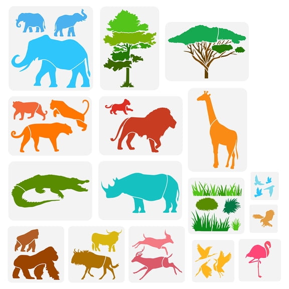 16PCS African Animals Stencil Trees Grass Plants Drawing Template Orangutan Giraffe Elephant Lion Crocodile Rhino Deer Orangutan Cow Bird Eagle